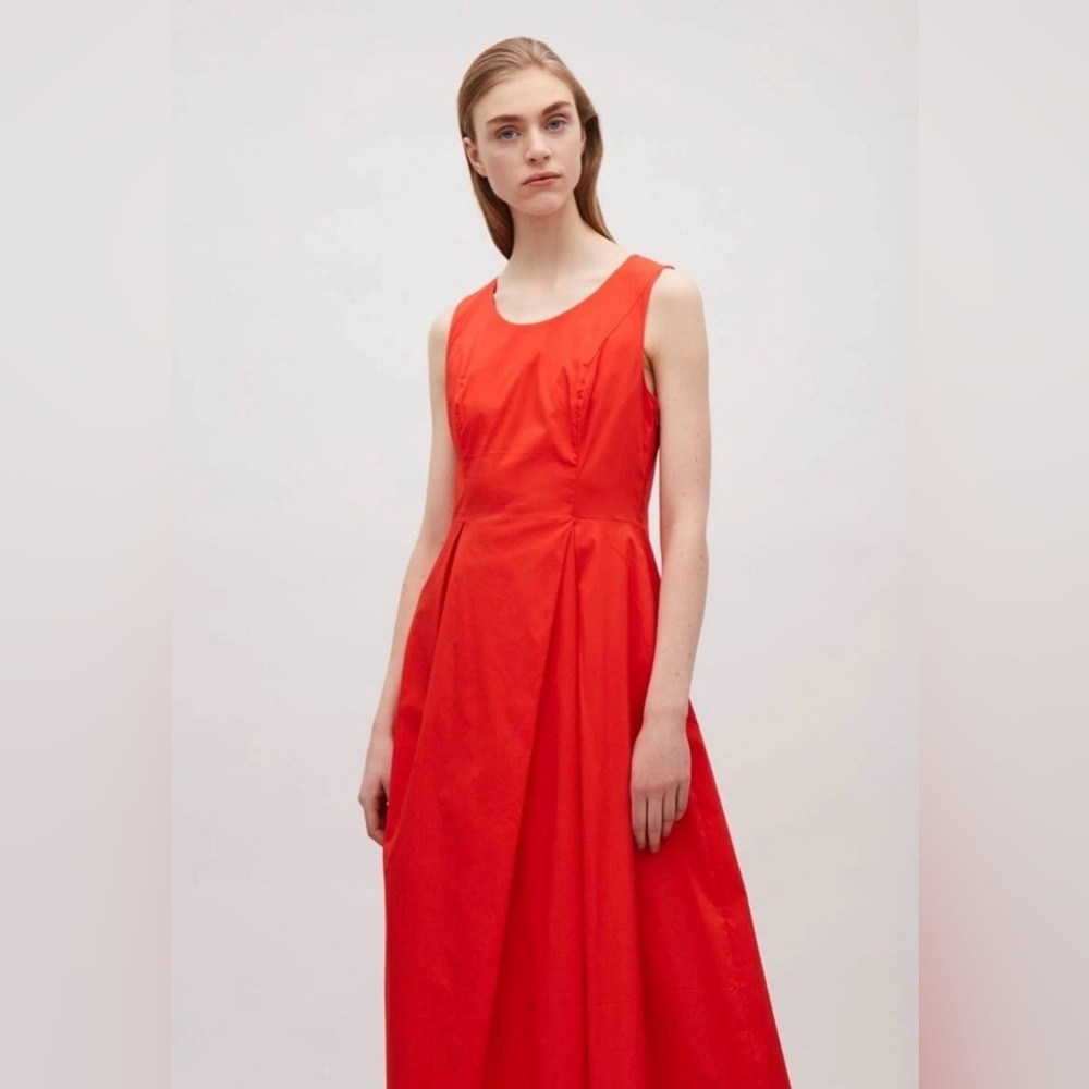 COS red cotton mix midi dress with pockets • classic minimalist sz 34 (2, 4)